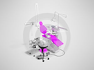 Modern violet dental chair and bedside table with tools and appliances for dental treatment 3d render on gray background with