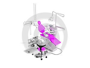 Modern violet dental chair and bedside table with tools and appliances for dental treatment 3d render on white background with sh