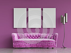 Modern violet fabric sofa chesterfield style in violet room interior with pictures frame on the wall. 3d render