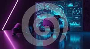 Virtual Reality Headset and Digital Brain Interface with Holographic Data Visualizations in Futuristic Tech Environment