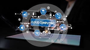 Modern Cloud Computing Concept with Technology Icons Representing Data Privacy, Backup, Big Data, and Cloud Storage in