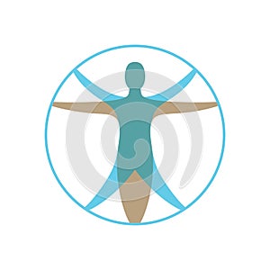 Modern vitruvian man. Sign of human figure enclosed in circle for illustration for medicine, science, health. Symbol of drawing of