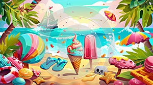 Modern voucher template with cartoon flip flops, popsicle and wafer cone ice cream and slippers. Modern coupon for sweet