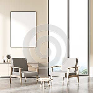 Modern waiting room interior with two grey armchair and poster