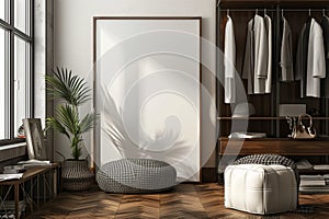 Modern Walk-in Closet: Frame Mockup Interior Design,ISO A paper size,Interior mockup with house background,3D render