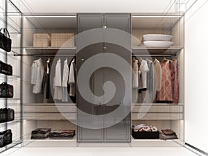 modern walk in closet wardrobe with clothes hanging interior design, 3d rendering