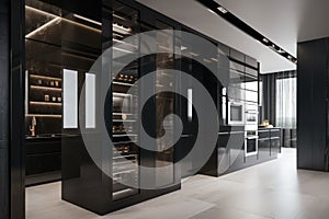 modern walk-in freezer with transparent doors and sleek black finish