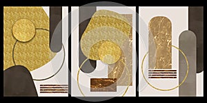 Modern wall art canvas frame. golden, black, and orange marble shapes, and golden lines and spheres on a light background