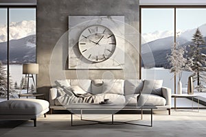 Modern wall clock in stylish light living room. Snow covered landscape outside. Concept of transition to winter time