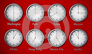 Modern wall clocks showing different time zones of world cities. 3D illustration