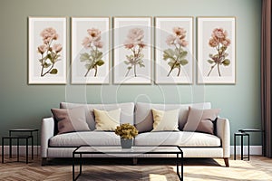 modern wall in a living room with a group of identical rectangle picture frames, ornate, flowers