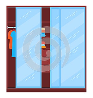 Modern wardrobe closet with sliding doors, shelves and hanging clothes. Interior design furniture element vector