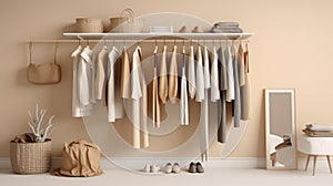 Modern Wardrobe with clothes in the room, shelves and hangers