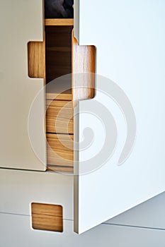 Modern wardrobe with finger pull design. Wooden wardrobe with light gray cabinet doors. Modern furniture