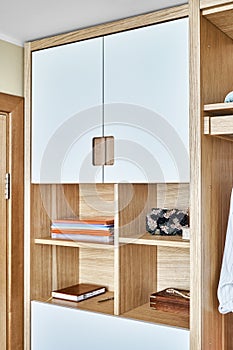 Modern wardrobe with finger pull design. Wooden wardrobe with light gray cabinet doors. Modern furniture