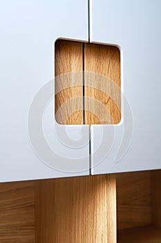 Modern wardrobe with finger pull design. Wooden wardrobe with light gray cabinet doors. Modern furniture