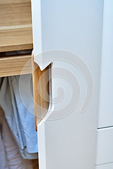 Modern wardrobe with finger pull design. Wooden wardrobe with light gray cabinet doors. Modern furniture