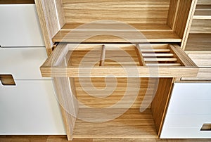 Modern wardrobe with slide out rack for coathangers. Detail of modern furniture