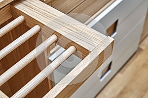 Modern wardrobe with slide out rack for coathangers. Detail of modern furniture