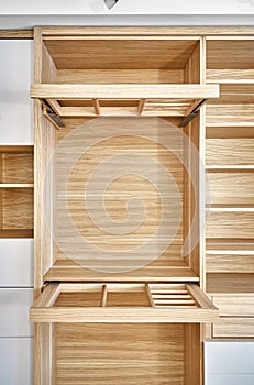 Modern wardrobe with slide out rack for coathangers. Detail of modern furniture