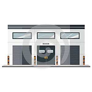 Modern Warehouse Building Exterior with Rolling Doors and Loading Dock