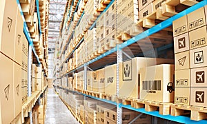 Modern warehouse full of cardboard boxes.