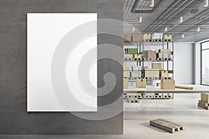 Modern warehouse interior with empty mock up poster on wall, racks, boxes, city view and daylight. Logistics and shipping concept