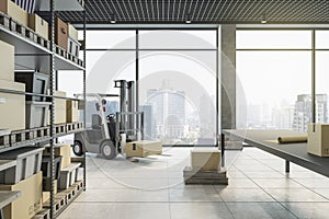 Modern warehouse interior with racks, boxes, city view and daylight. Logistics and shipping concept.