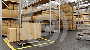 A modern warehouse with row of shelves with cardboard boxes. shipping factory, cargo freight