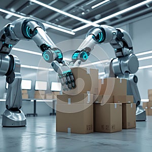 In a modern warehouse setting, two robotic arms are stacking cardboard boxes. These high-tech robots feature sleek