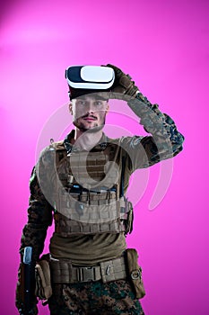Soldier in battle using virtual reality glasses