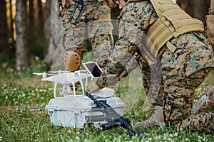 Modern Warfare Soldiers Squad are Using Drone for Scouting and Surveillance During Military Operation in the Forest.