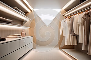 Modern warm wood and white walk in closet dressing room, minimal walk in wardrobe interior design. generative ai