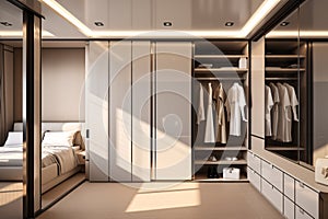 Modern warm wood and white walk in closet, minimal walk in wardrobe dressing room interior design. generative ai