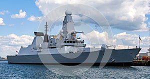 A modern warship in Portsmouth harbour