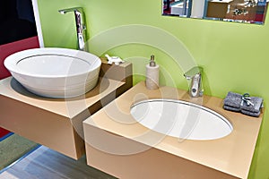 Modern washbasin, faucets, bathroom and toiletries