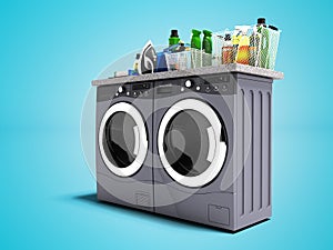 Modern washer and dryer for things 3d render on blue background with shadow