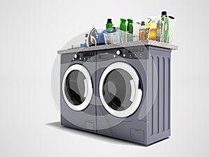 Modern washer and dryer for things 3d render on gray background