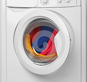 Modern washing machine on background. Laundry day