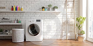 The modern washing machine in a beautifully designed laundry room. AI generated image