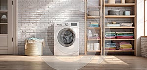 The modern washing machine in an inviting and organized laundry space. AI generated image
