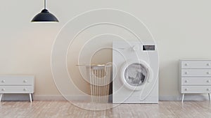 Modern washing machine, laundry in baskets and domestic room interior. Light, cabinet, crema