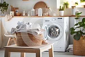 Modern washing machine in laundry room interior. Minimalist laundry room with basket and shelving. Bathroom interior