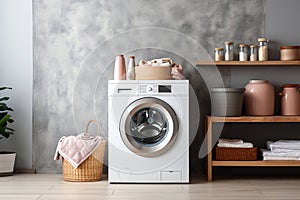 Modern washing machine in laundry room interior. Minimalist laundry room with basket and shelving. Bathroom interior