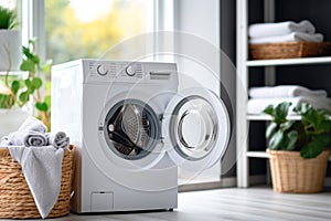 Modern washing machine in laundry room interior. Minimalist laundry room with basket and shelving. Bathroom interior