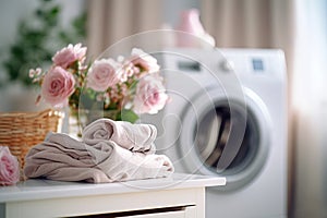 Modern washing machine in laundry room interior. Minimalist laundry room. Bathroom interior