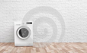 Modern washing machine near wall in empty laundry room, space for text