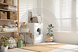 Modern washing machine and plants in laundry room