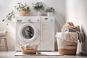 Modern washing machine and plants in laundry room interior.