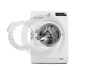 Modern washing machine on white background.